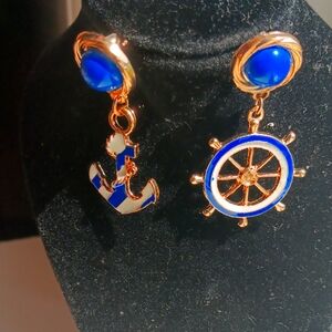 Women Earing Blue Gold Sea Anchor Dangle Vintage